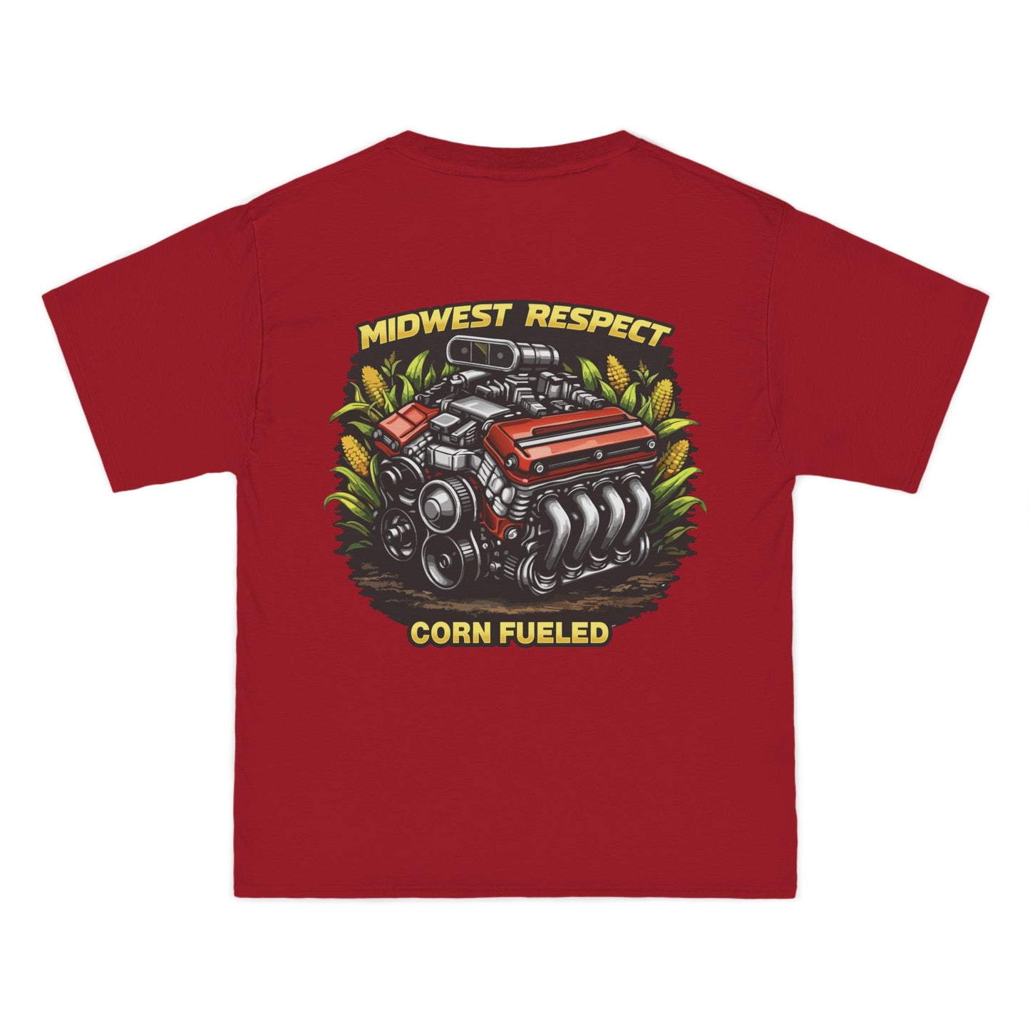 Red t-shirt with a graphic of a corn-fed engine and text on a white background