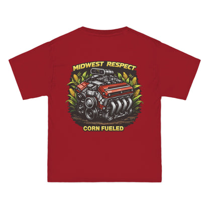 Red t-shirt with a graphic of a corn-fed engine and text on a white background