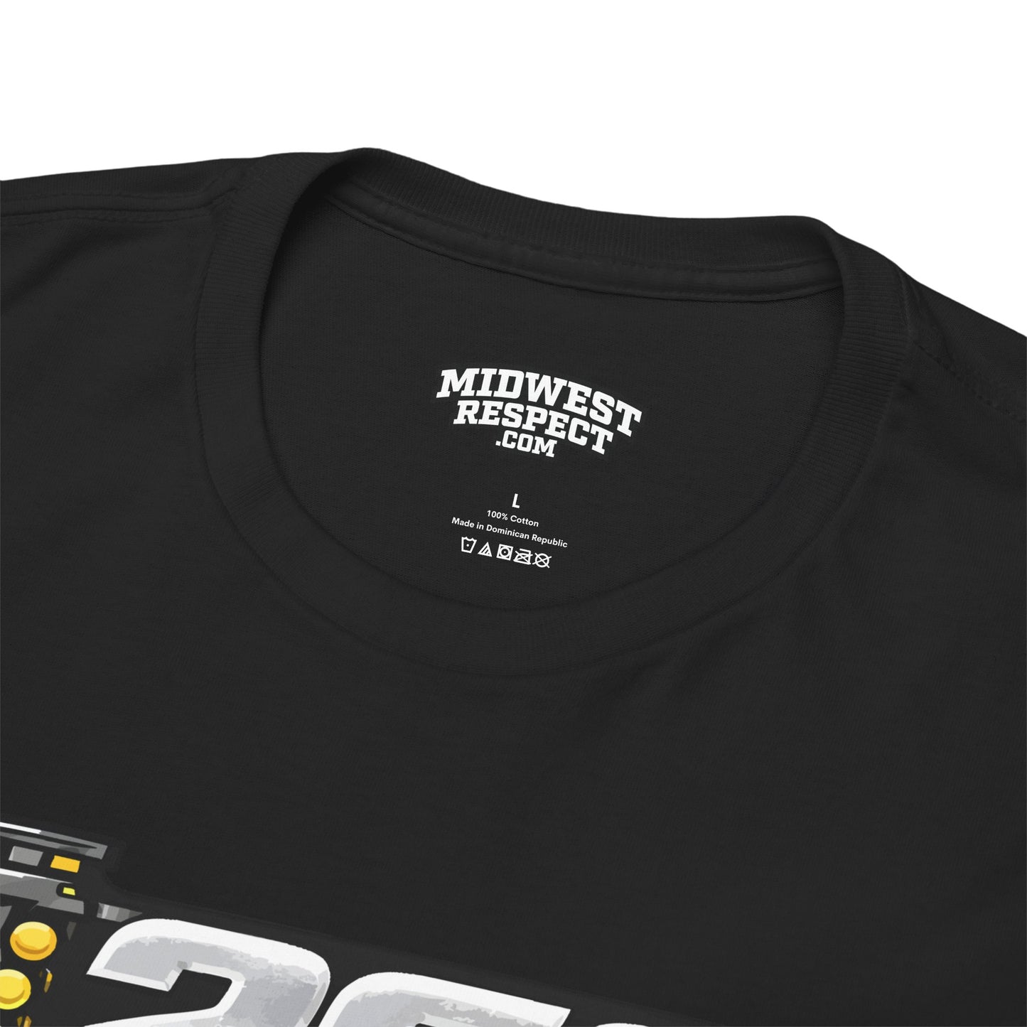 Black t-shirt with 'Midwest Respect' logo on a white background