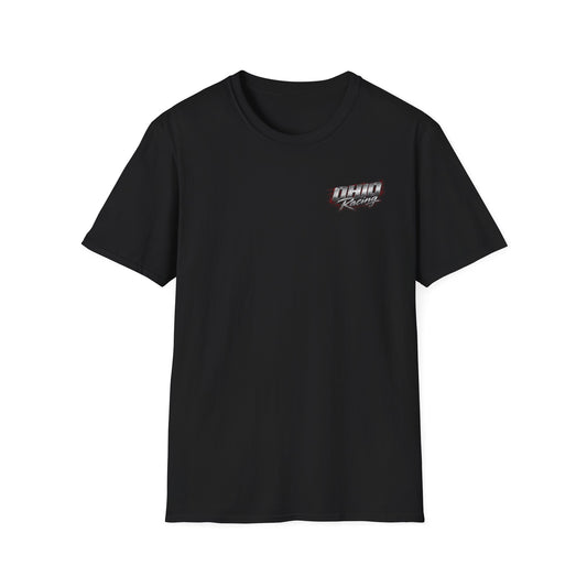 Black t-shirt with a white logo on a white background