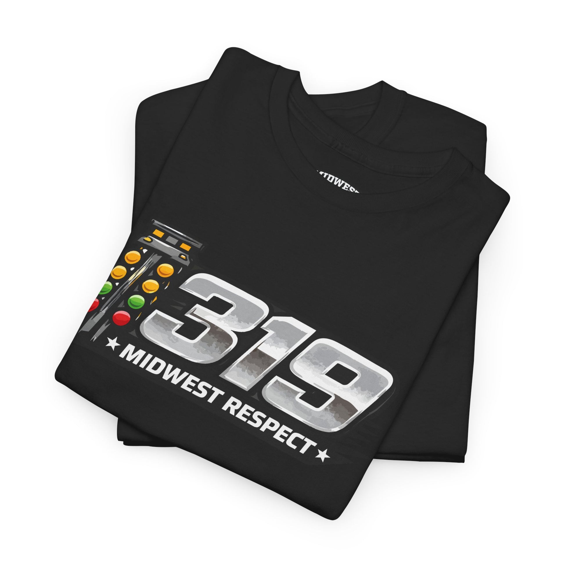 Black t-shirt with '319 Midwest Respect' design on a white background