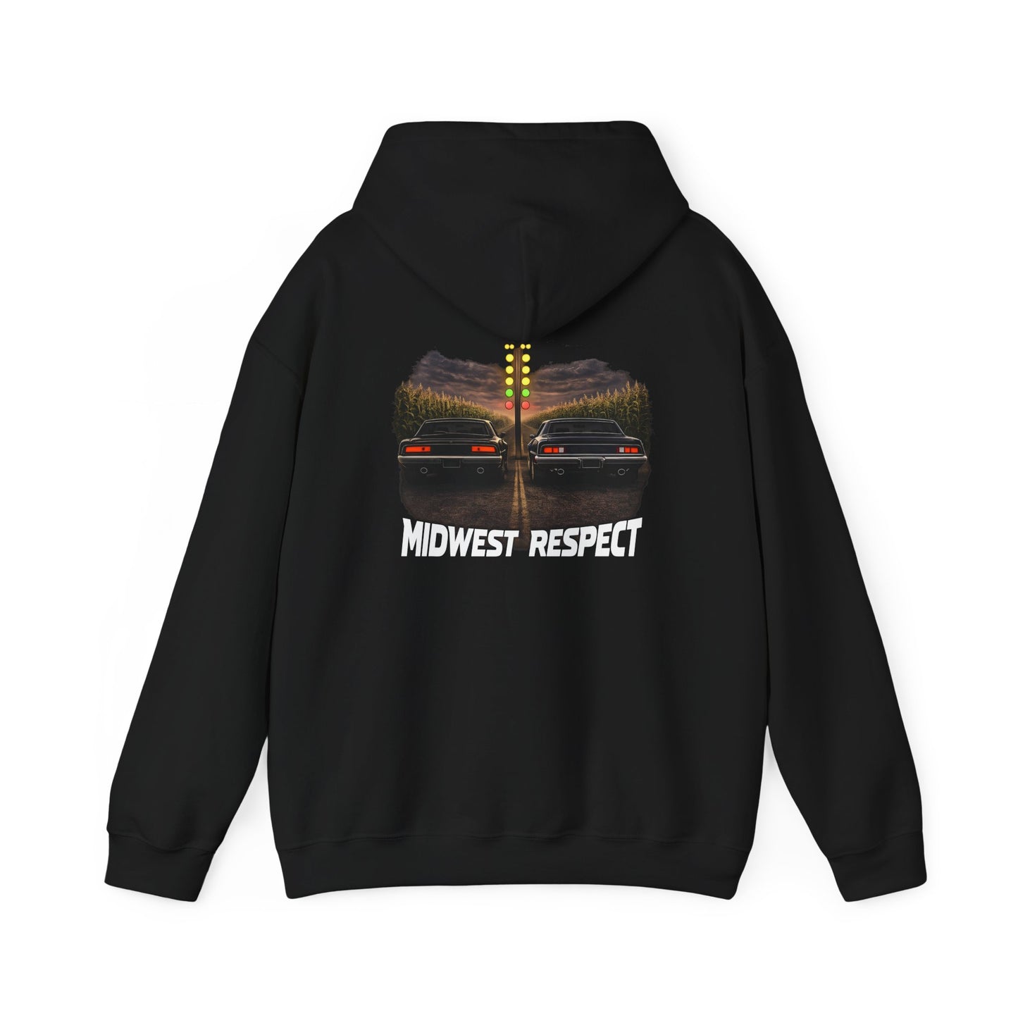 Black hoodie with a drag racing design on the back, on a white background.