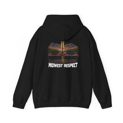 Black hoodie with a drag racing design on the back, on a white background.