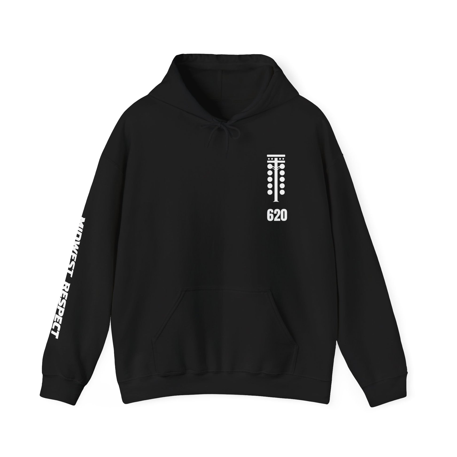 Black hoodie with white text and design on a white background