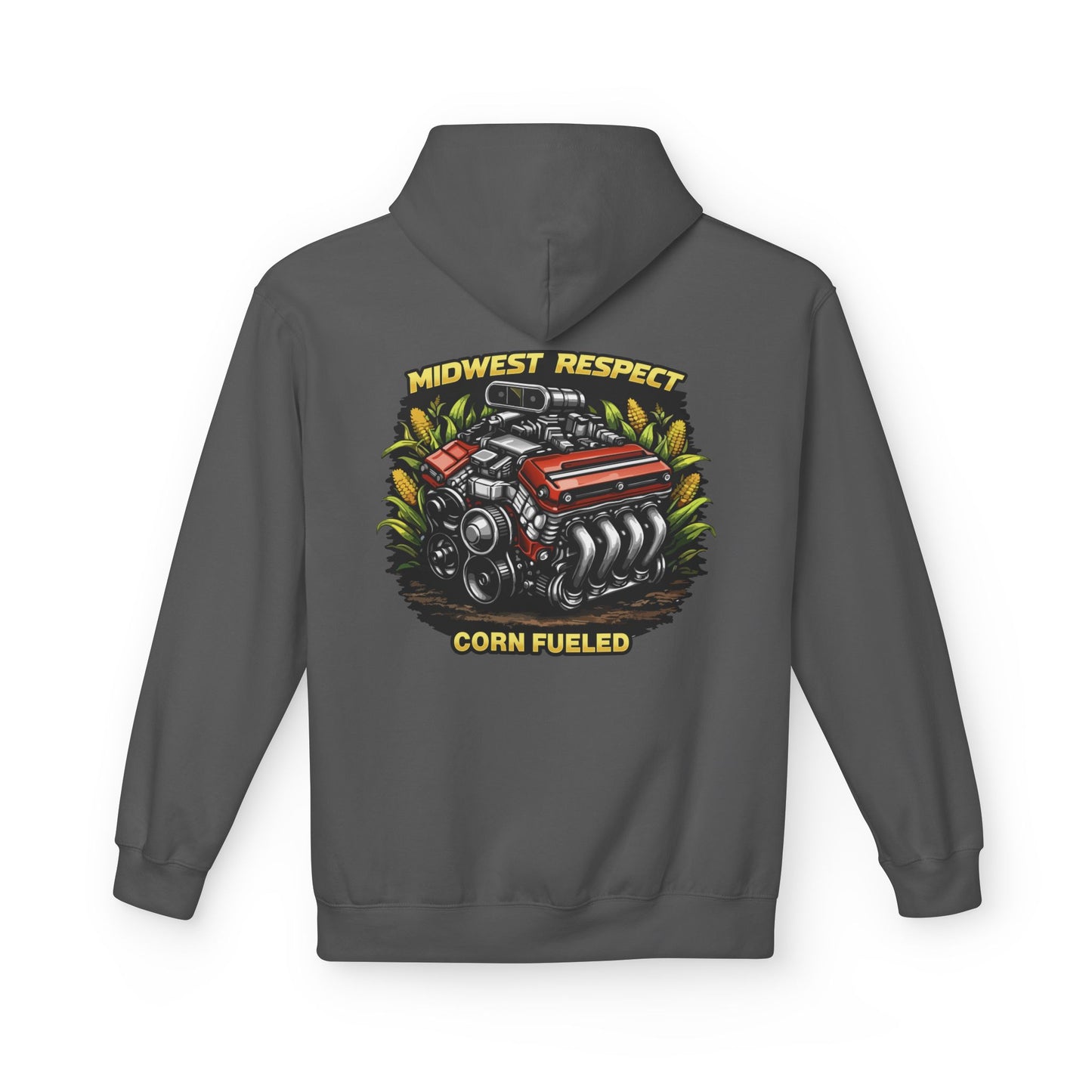 Grey hoodie with a graphic of a engine and text on the back, on a white background
