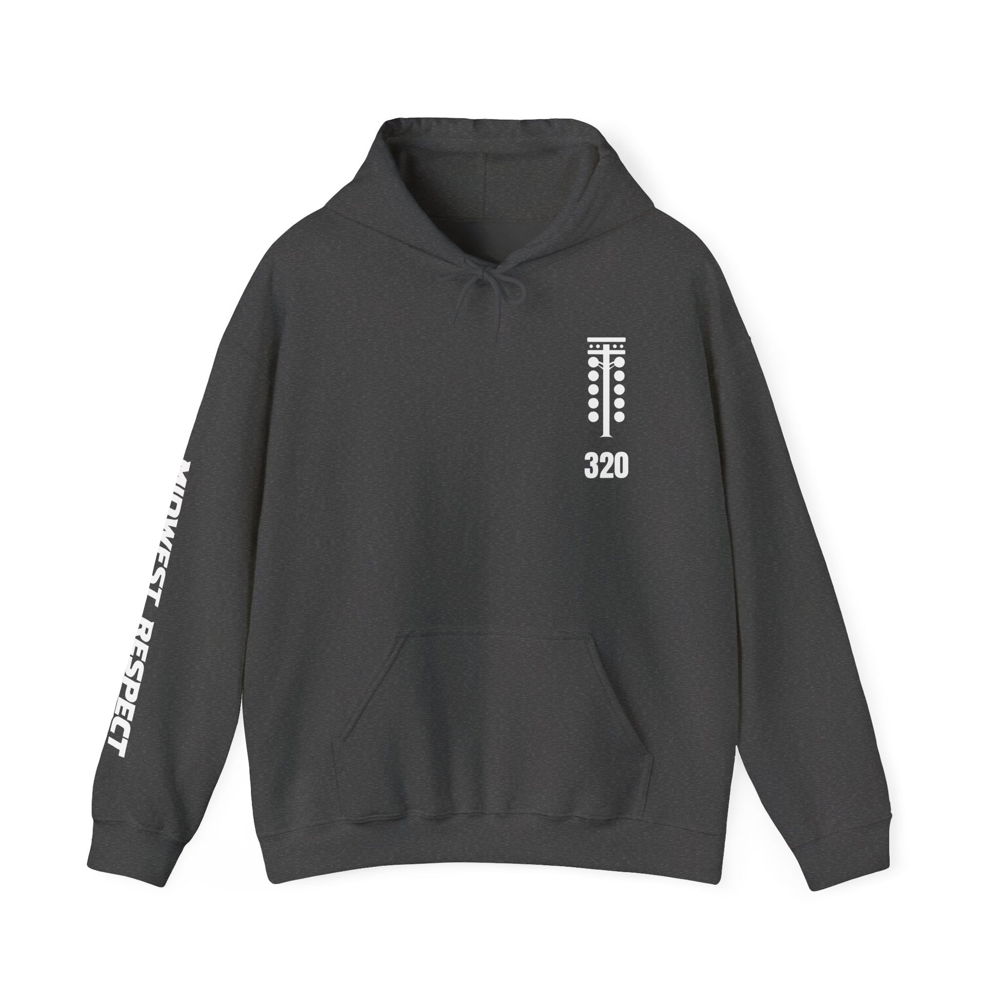Dark gray hoodie with a logo and text on a white background
