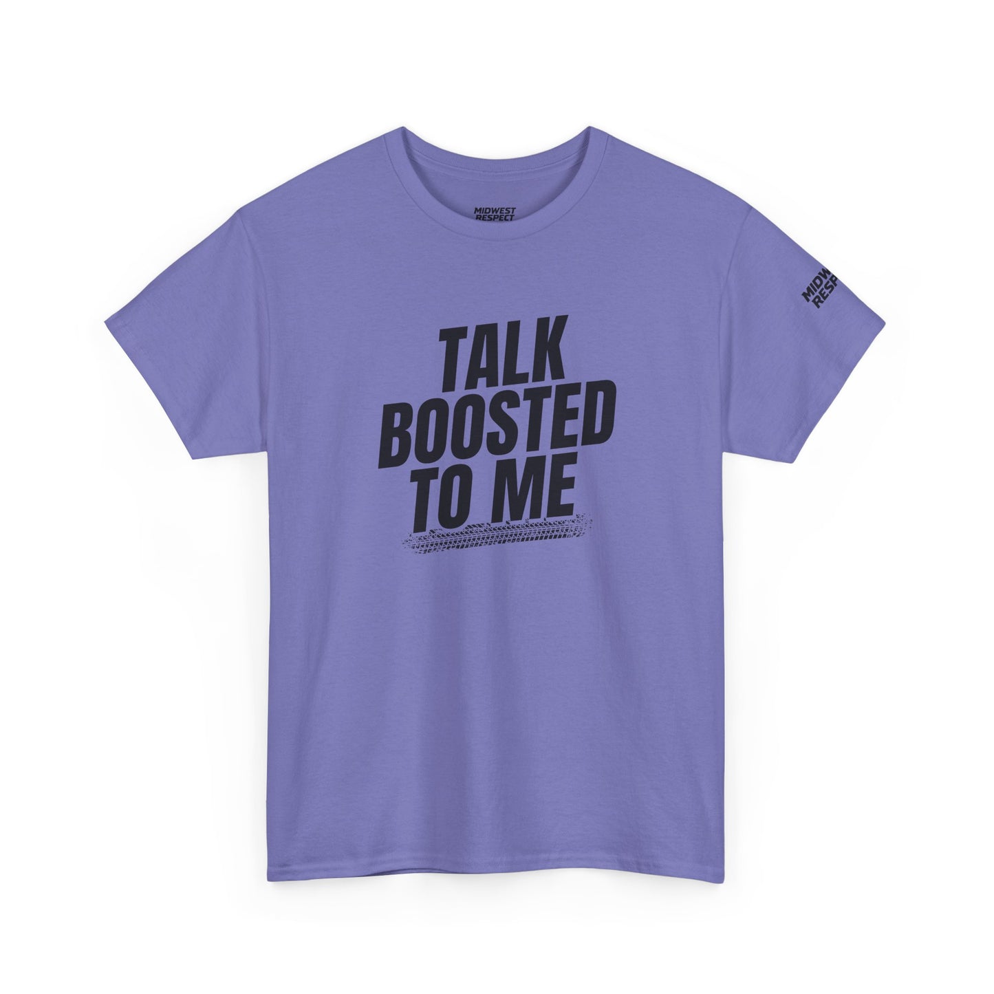 Purple t-shirt with black text 'Talk Boosted To Me' on a white background