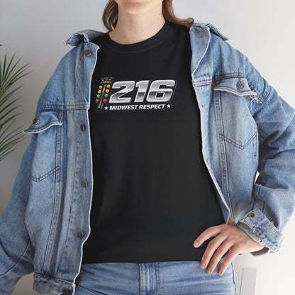 Person wearing a black t-shirt with '216 Midwest Respect' design, paired with a denim jacket.