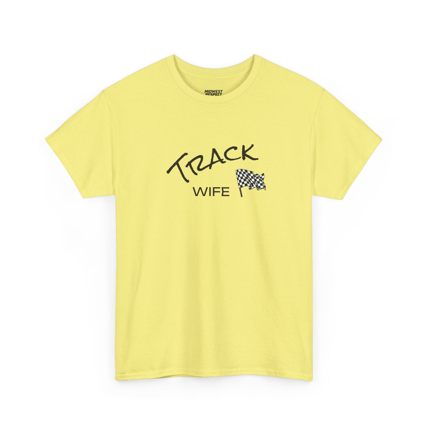 Yellow t-shirt with 'Track Wife' text and checkered flag design on a white background