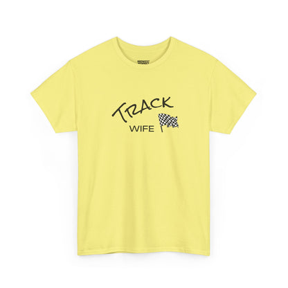Yellow t-shirt with 'Track Wife' text and checkered flag design on a white background