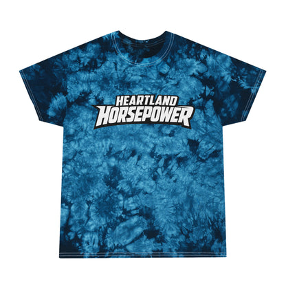 Blue tie-dye t-shirt with 'Heartland Horsepower' text on a white background