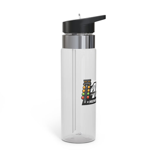 Clear water bottle with black lid and colorful logo on a white background