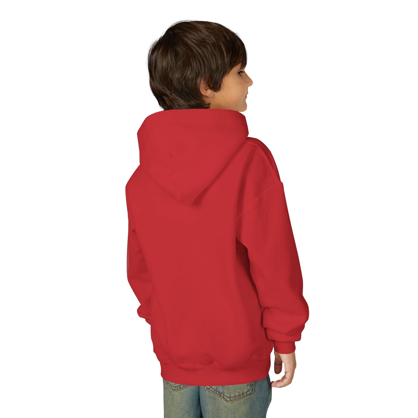 Child wearing a red hoodie on a white background