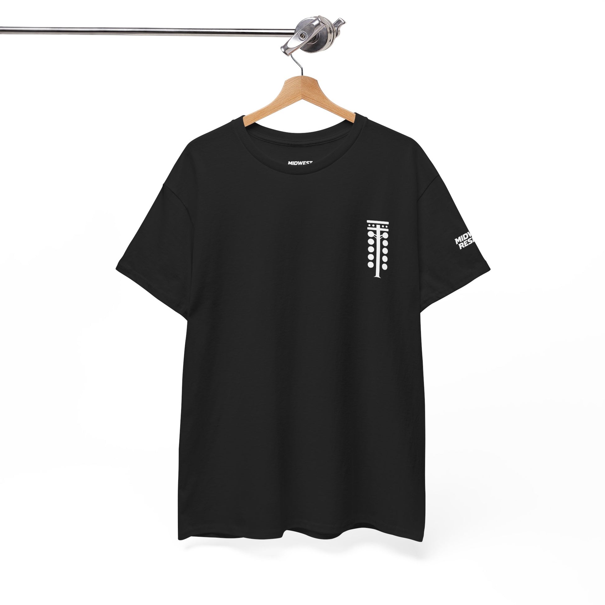 Black t-shirt with racing tree design on a hanger on white background