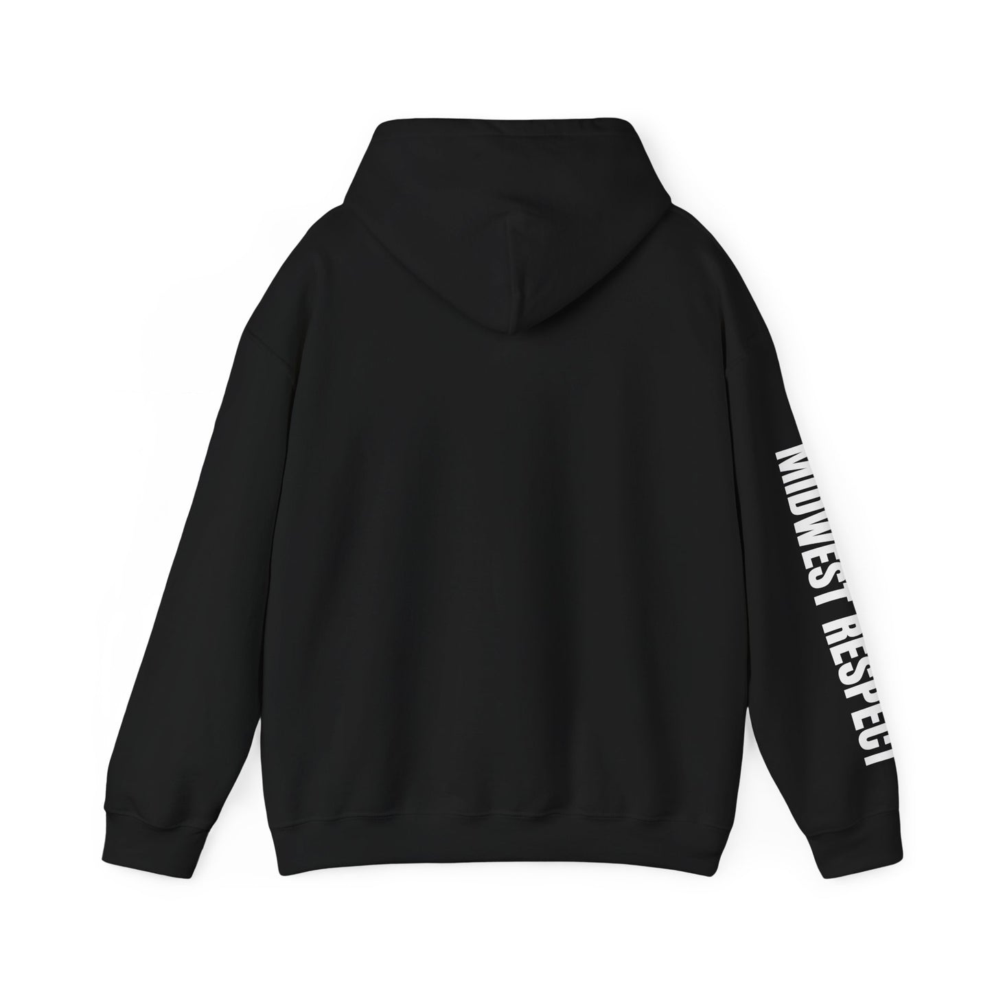 Black hoodie with 'Midwest Respect' text on sleeve against a white background