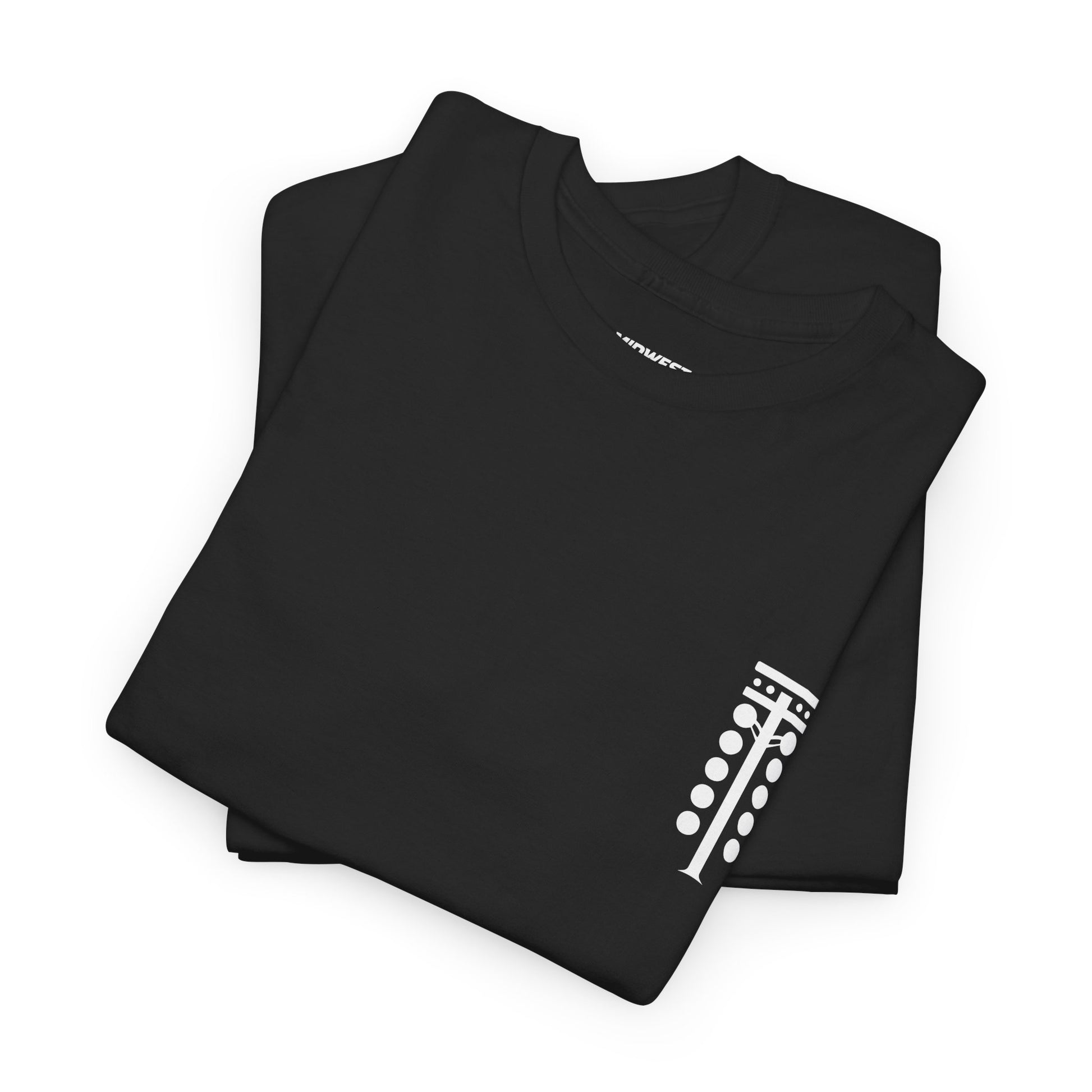 Black t-shirt with racing tree design on a white background