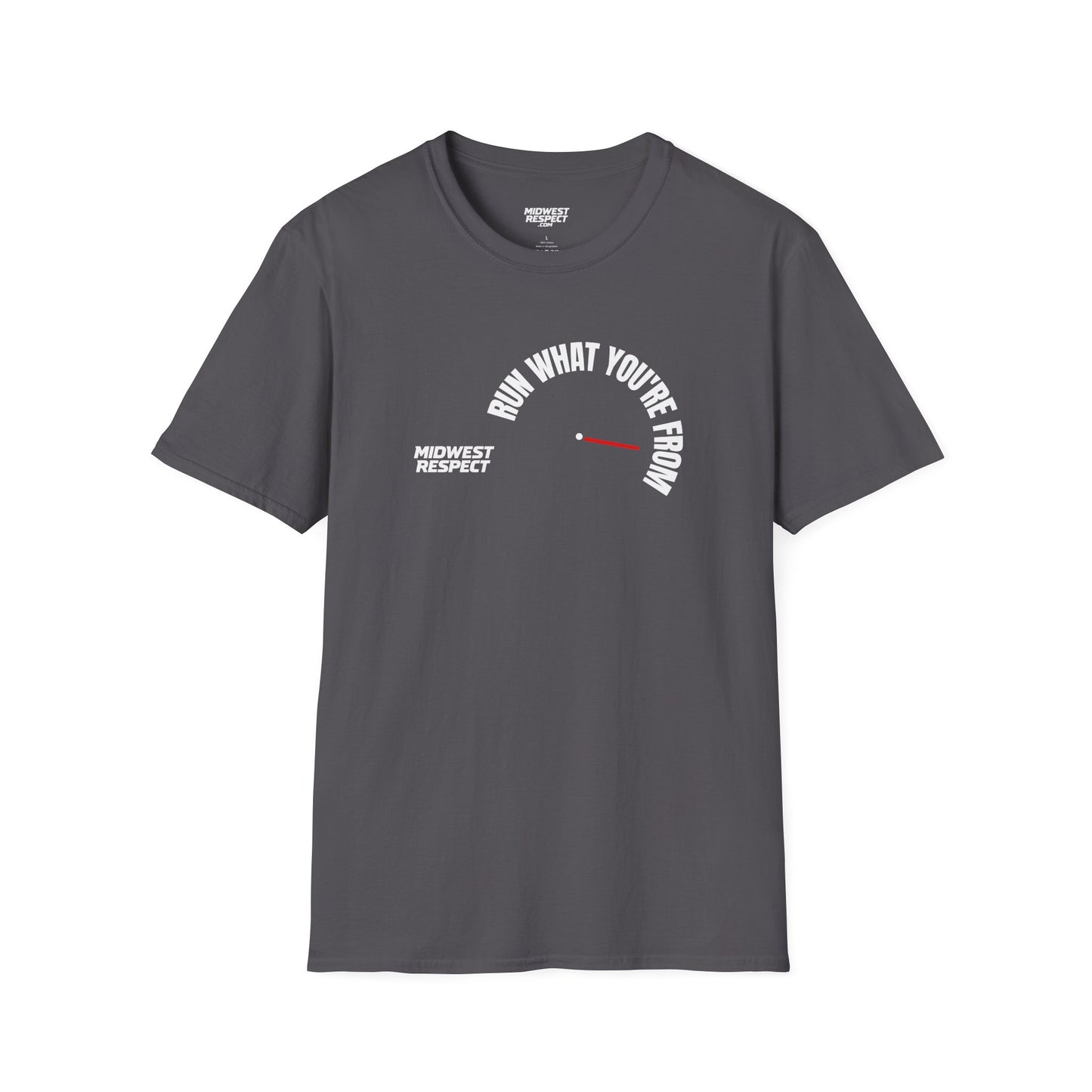Charcoal gray t-shirt with a small graphic on the chest against a white background