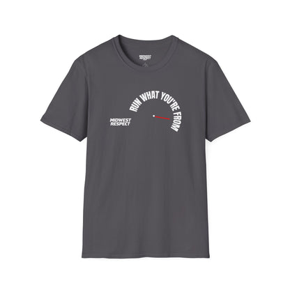 Charcoal gray t-shirt with a small graphic on the chest against a white background