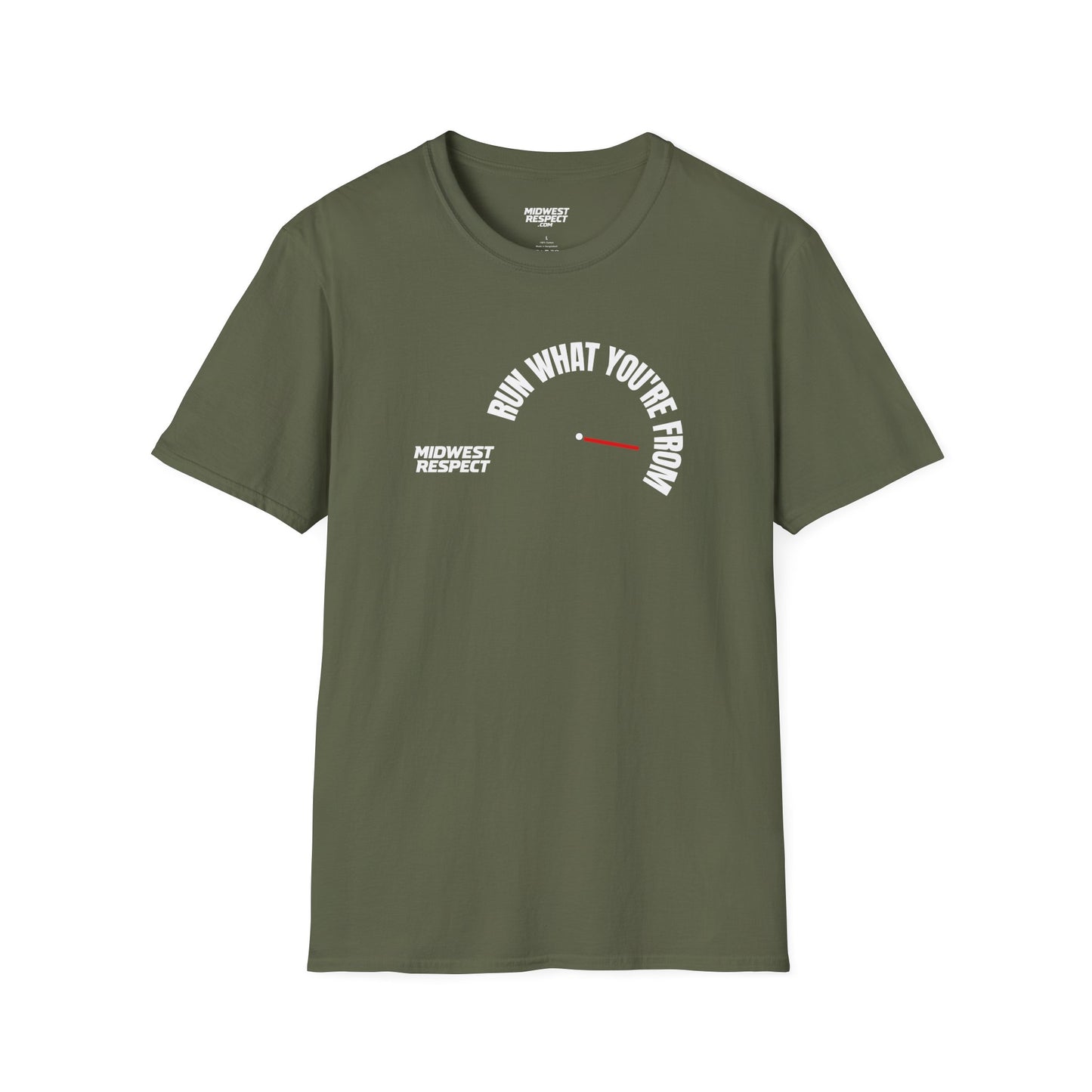 Military green t-shirt with a small graphic on the chest against a white background