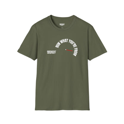 Military green t-shirt with a small graphic on the chest against a white background