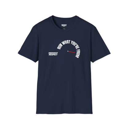 Navy blue t-shirt with a small graphic on the chest against a white background