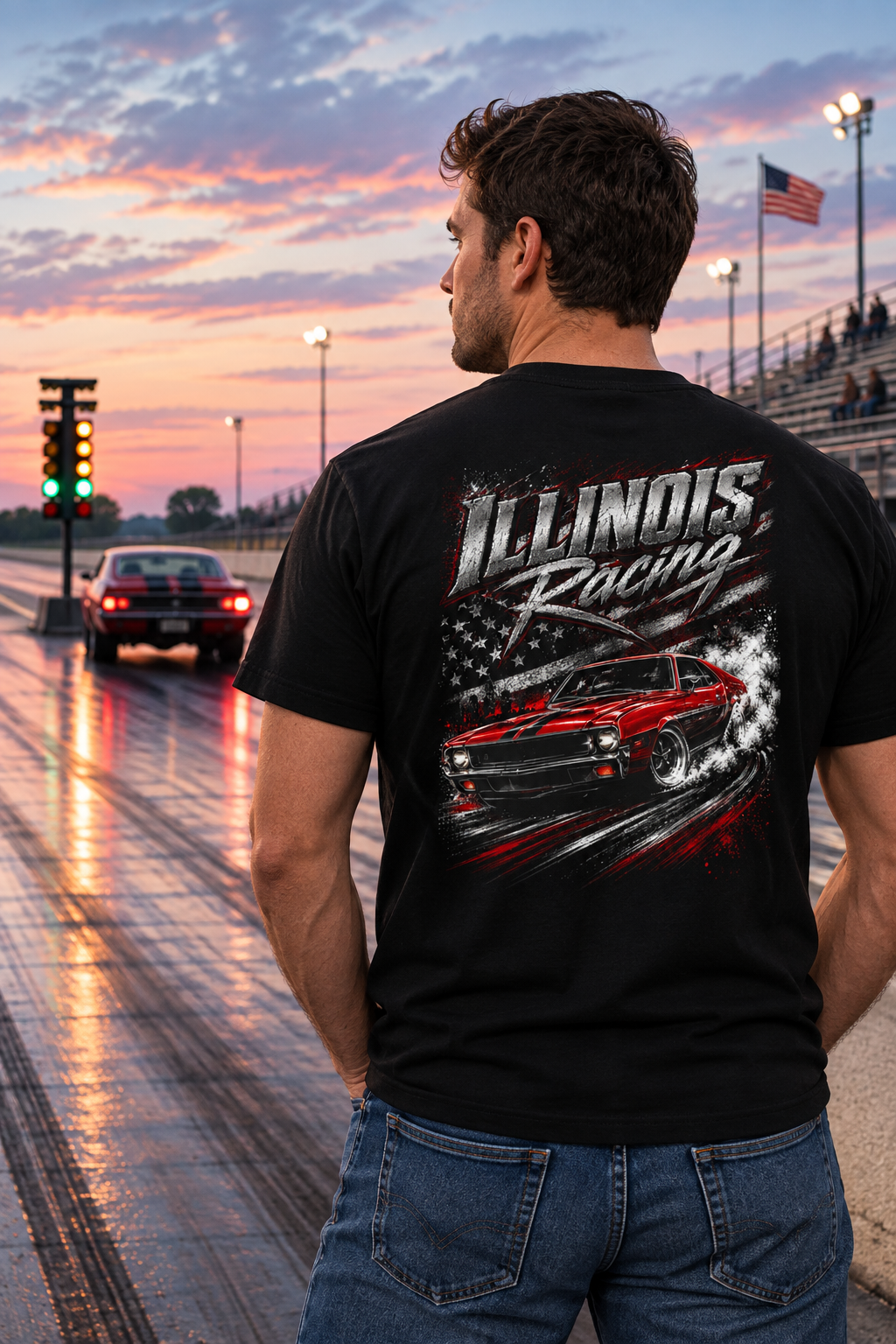 Man on racetrack wearing an Illinois racing shirt