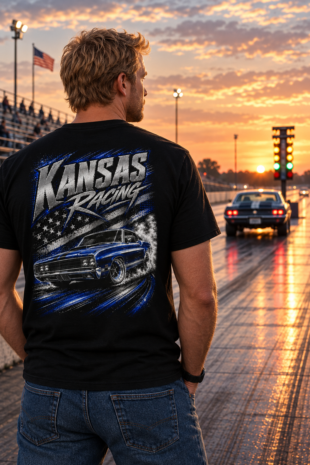 A man stands on a racetrack at sunset wearing a black graphic T-shirt with a large blue and white 'Kansas Racing' car design on the back, paired with blue jeans.