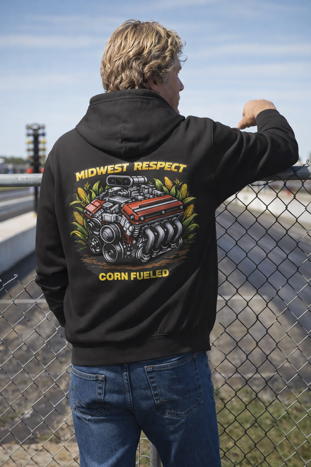 Person wearing a black hoodie with a graphic design on the back, standing by a chain-link fence.