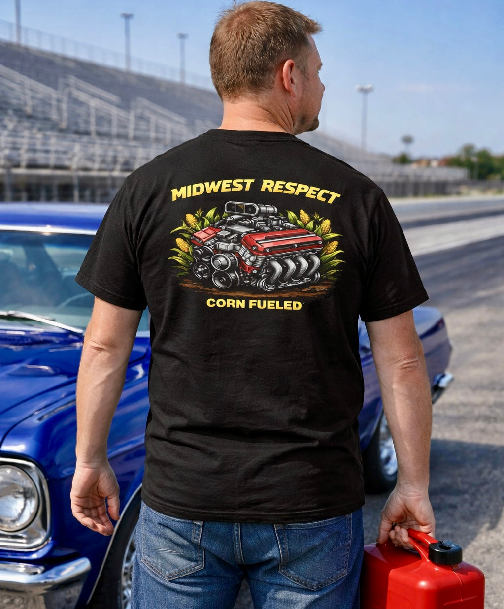 Man wearing a black t-shirt with a graphic design and text, standing in front of a blue car on a track.