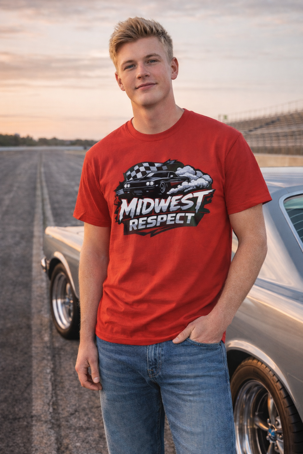 Person wearing a red 'Midwest Respect' t-shirt standing next to a classic car on a track.
