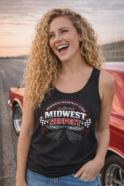 Woman wearing a black tank top with 'Midwest Respect' design, standing in front of a red car on a track.
