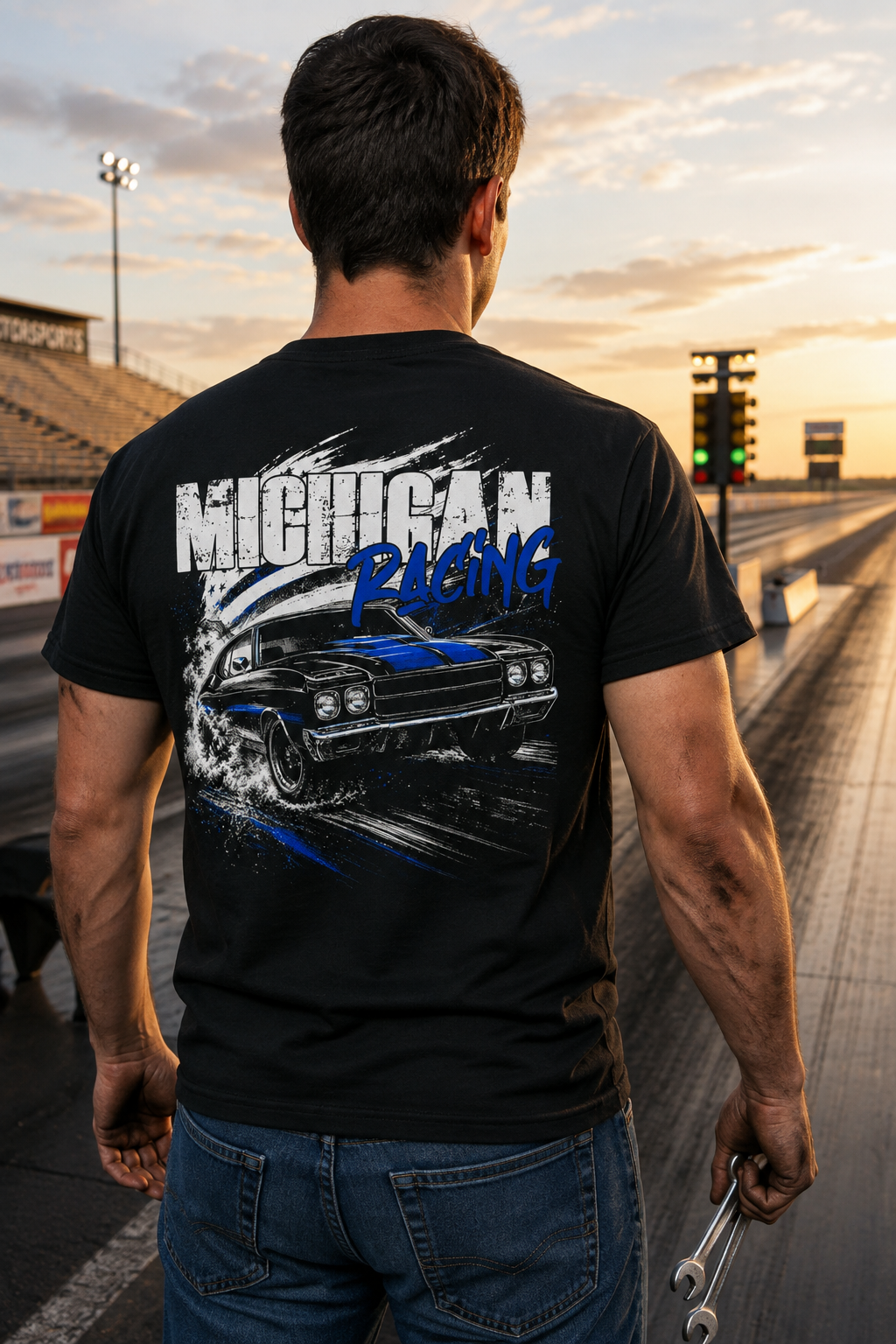 A man viewed from behind wearing a black graphic t-shirt with a blue and white 'MICHIGAN RACING' design on the back, standing on a drag strip at sunset.