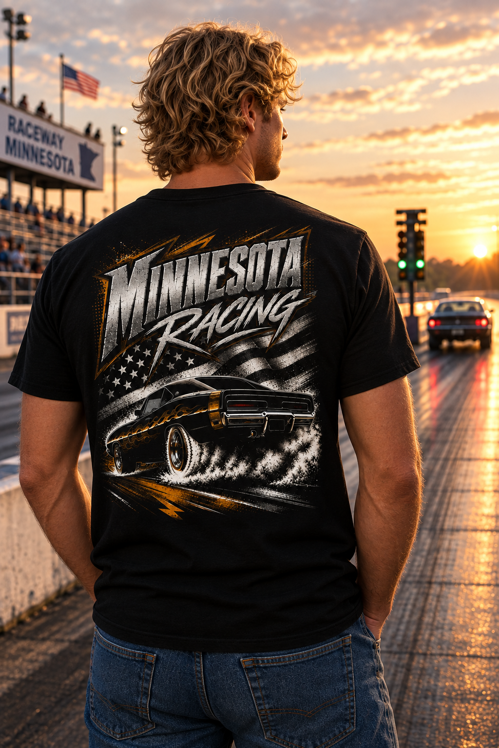 A man stands on a racetrack at sunset wearing a black graphic T-shirt with a large Minnesota Racing car design on the back and blue jeans.