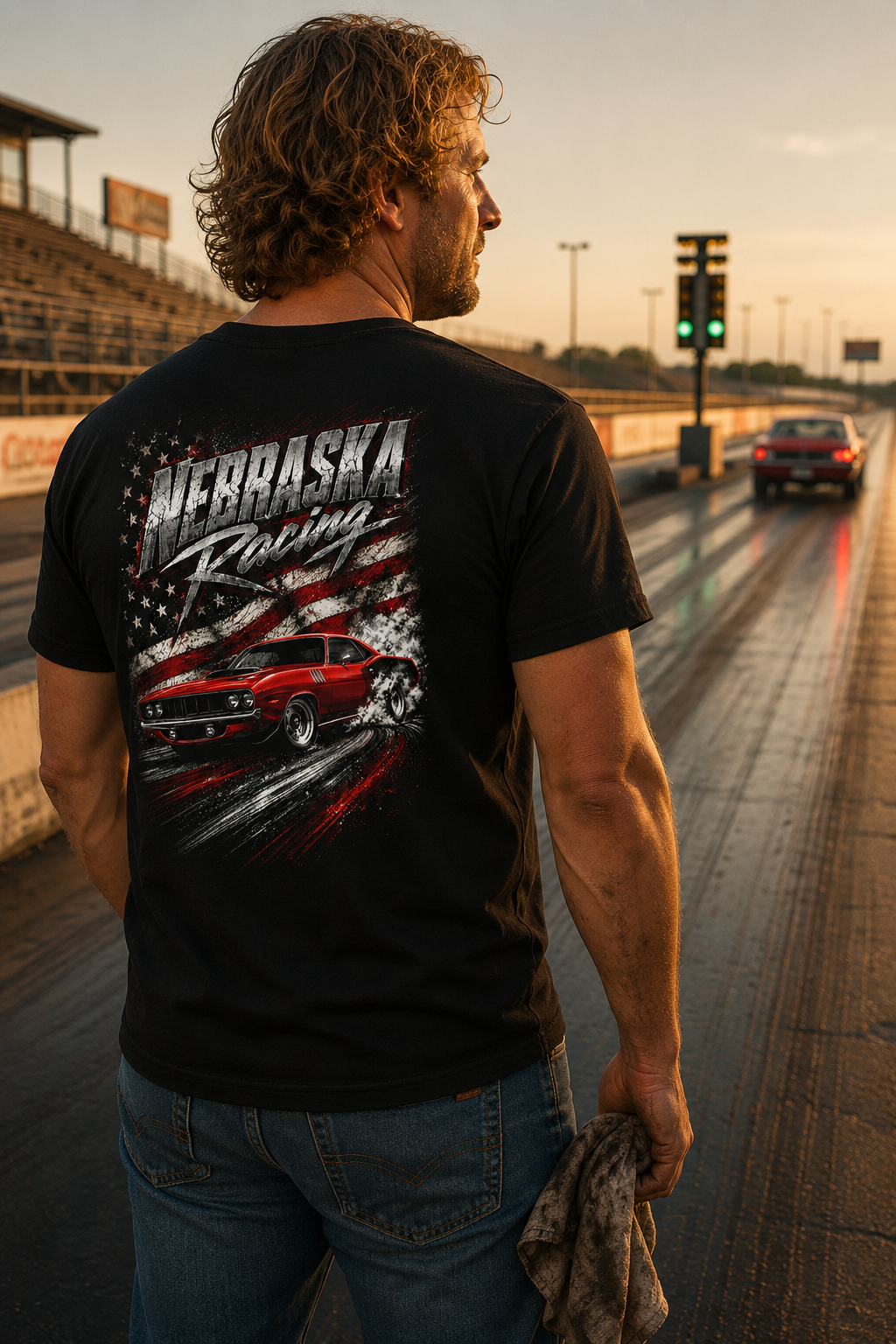 A man stands on a racetrack at sunset wearing a black t-shirt with a large back graphic that reads 'NERRASKA Racing' above a red muscle car and an American flag design. A race car is visible in the distance on the track.