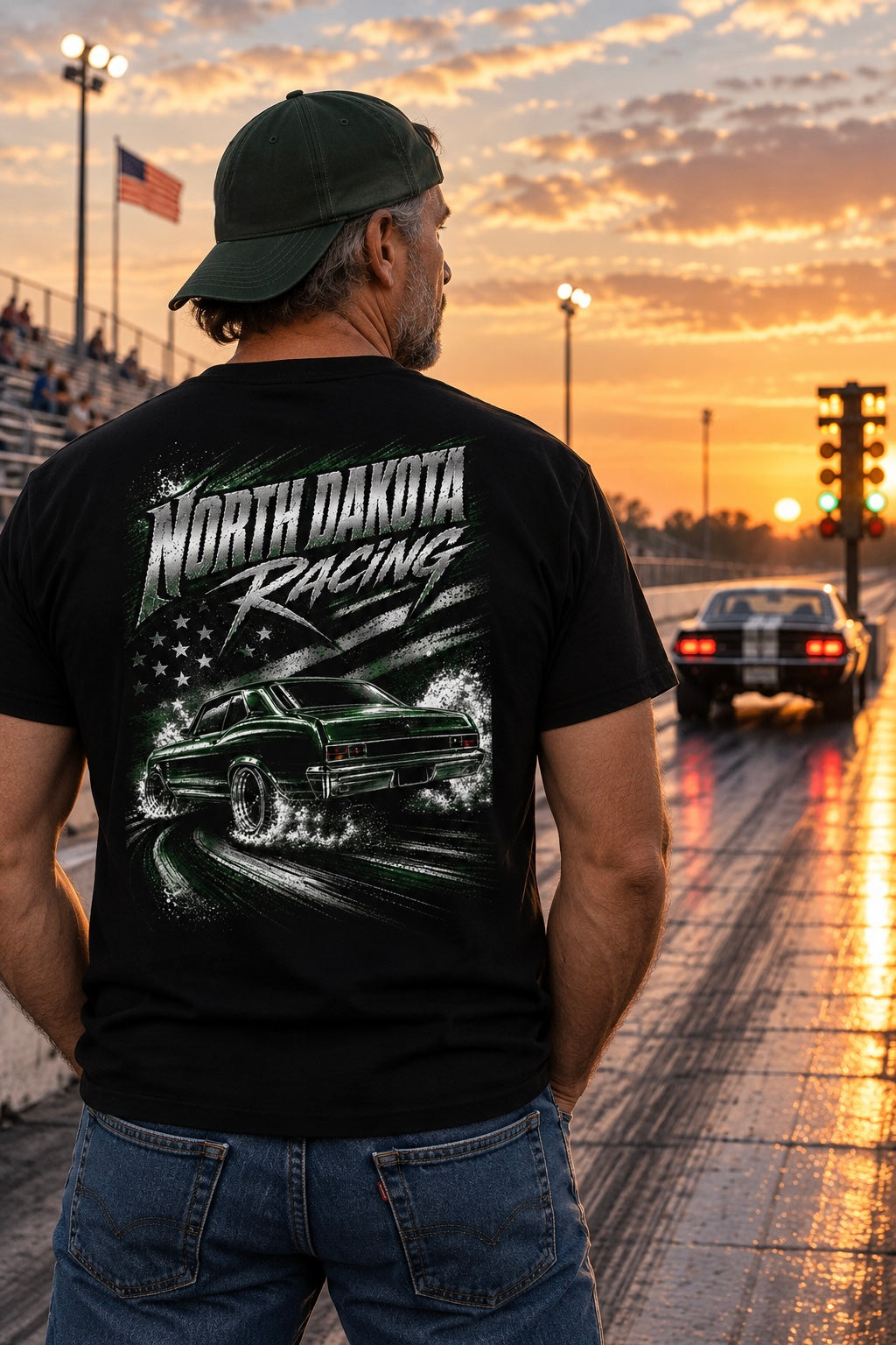 A man stands on a racetrack at sunset wearing a black t-shirt with a large 'North Dakota Racing' graphic on the back, paired with blue jeans and a dark green cap. A drag race car is visible in the distance on the track.