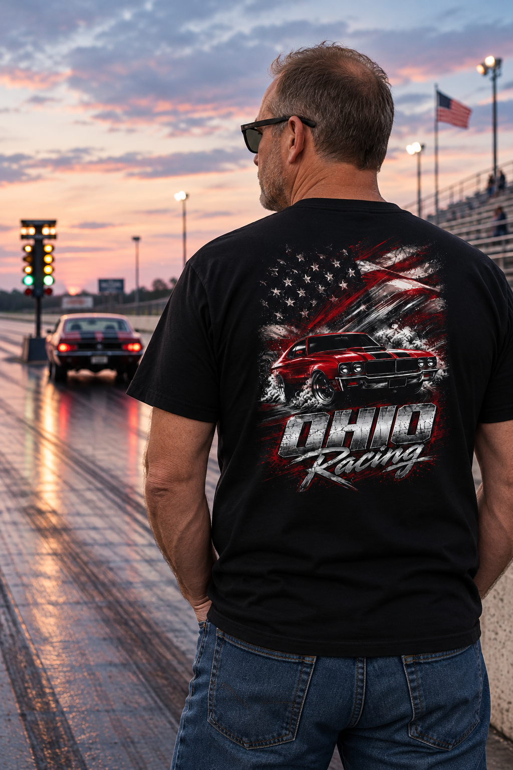 Man on racetrack wearing an Ohio racing shirt