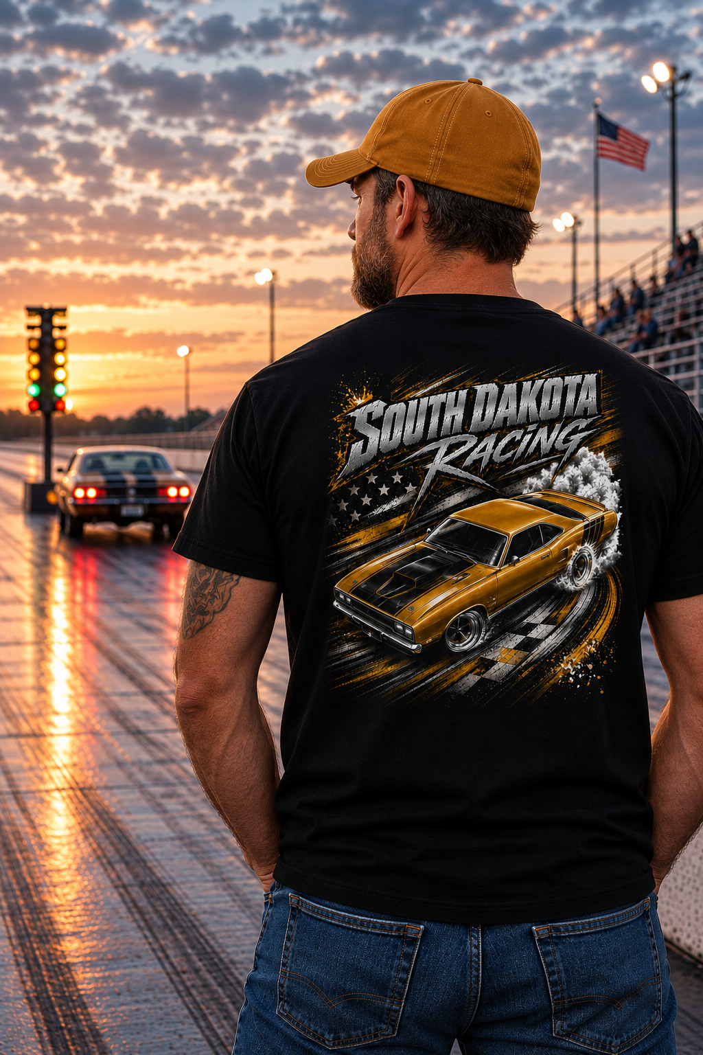 Man on racetrack wearing a South Dakota shirt