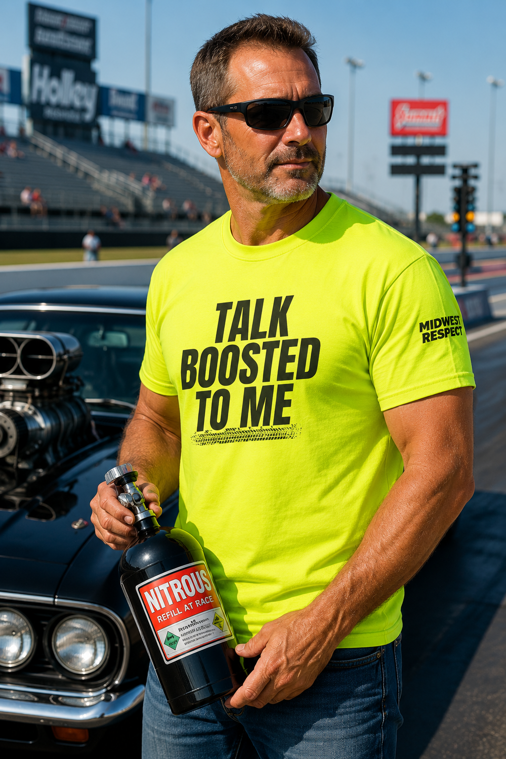 Man in t-shirt standing by race car