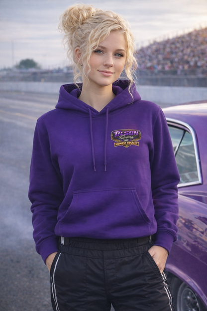 Person wearing a purple hoodie with a logo, standing in front of a purple car on a track.