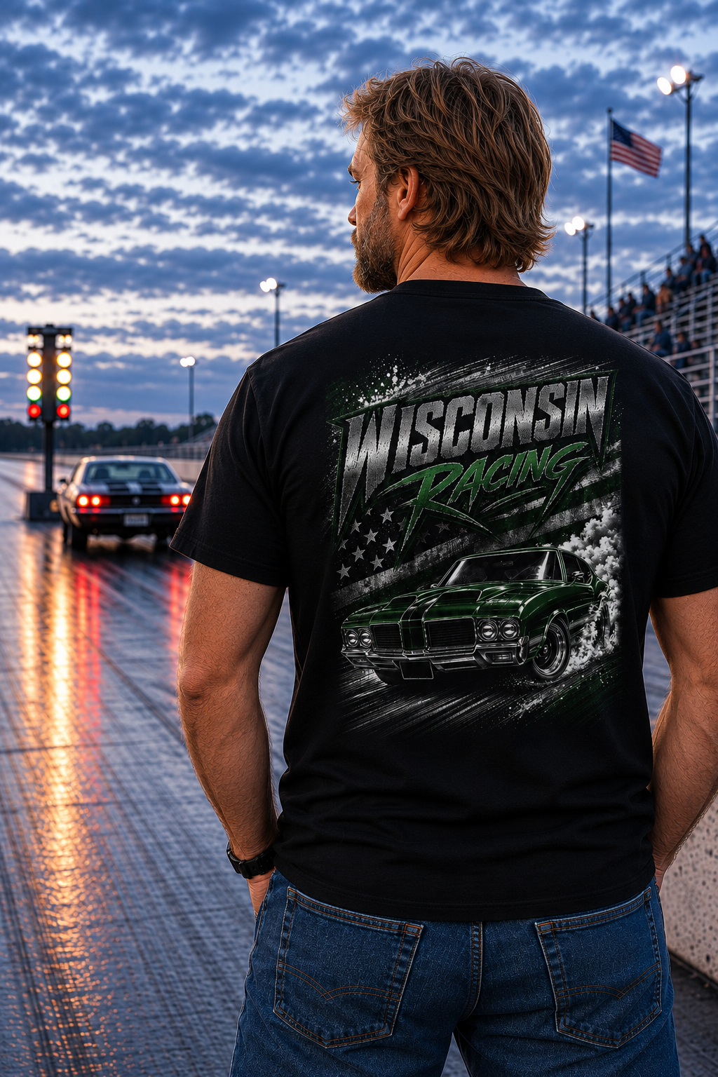 Man on racetrack wearing a Wisconsin Racing shirt